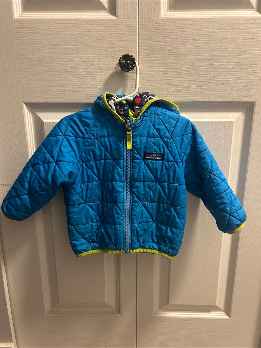 Patagonia Kids Bright Blue Quilted Hooded Puffer with Lime Trim